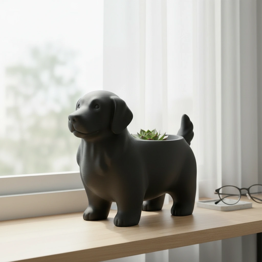 Ghiveci decorativ imprimat 3D, design canin, pentru amenajări exterioare și interioare ample - Negru compozit mat, imprimare 3D Vibecraft