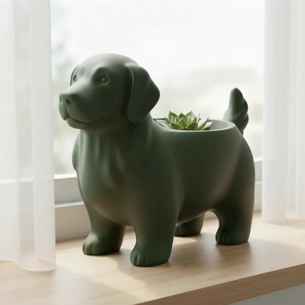 Ghiveci decorativ imprimat 3D, design canin, pentru amenajări exterioare și interioare ample - Olive green compozit mat, imprimare 3D Vibecraft