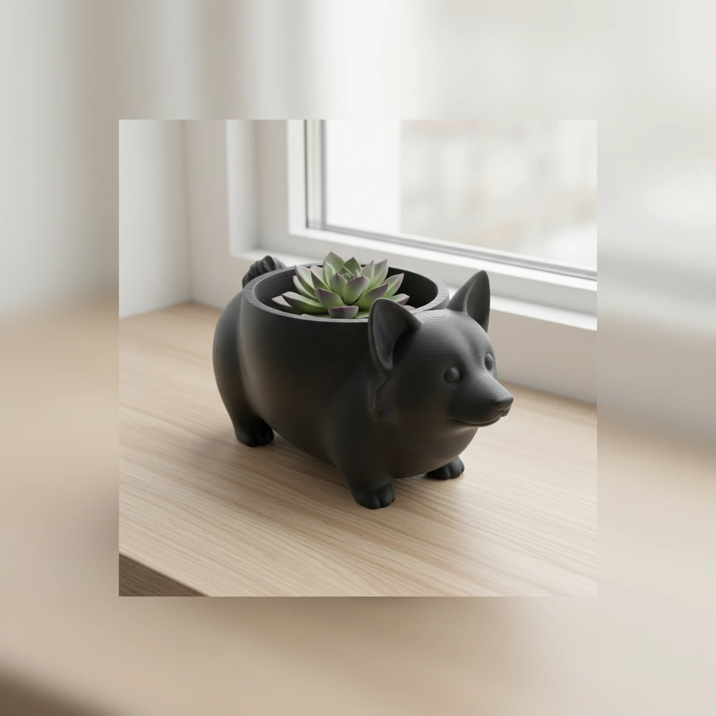 Mini Ghiveci Decorativ Imprimat 3D Model Corgi - culoare Negru, produs imprimat 3D Vibecraft