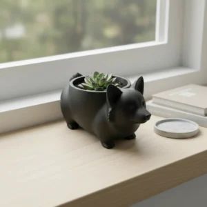 Mini Ghiveci Decorativ Imprimat 3D Model Corgi - Negru compozit mat, imprimare 3D Vibecraft
