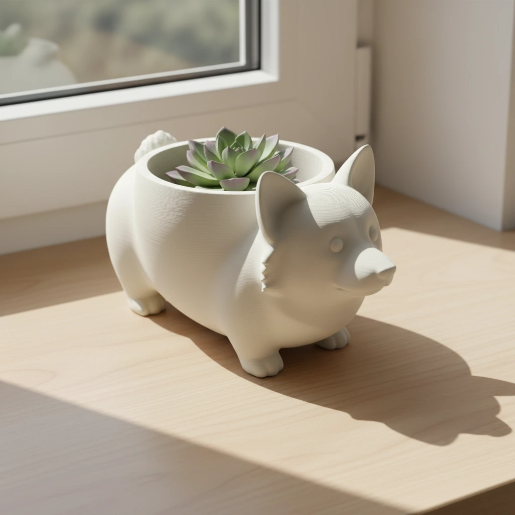 Mini Ghiveci Decorativ Imprimat 3D Model Corgi - culoare Alb, produs imprimat 3D Vibecraft