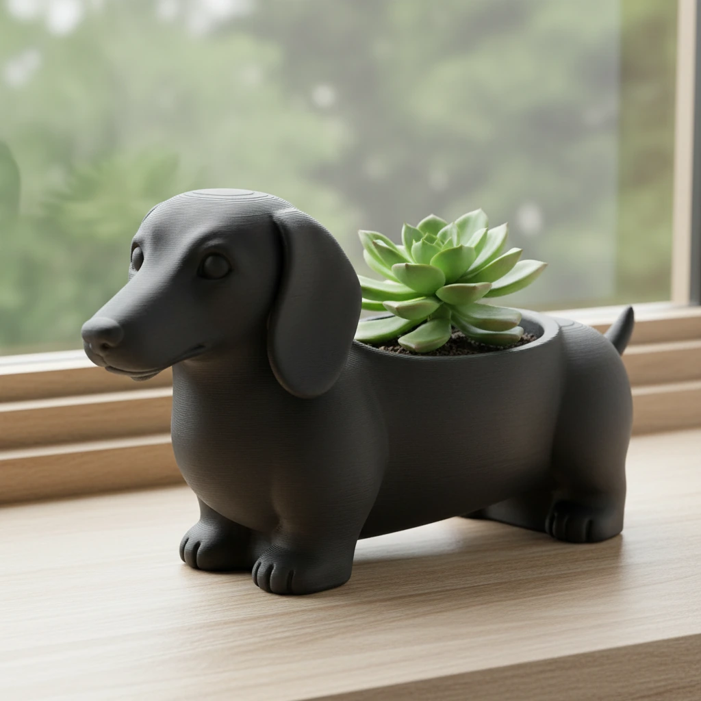 Ghiveci Decorativ Teckel pentru Suculente și Plante Mici, Imprimat 3D - culoare Negru, produs imprimat 3D Vibecraft
