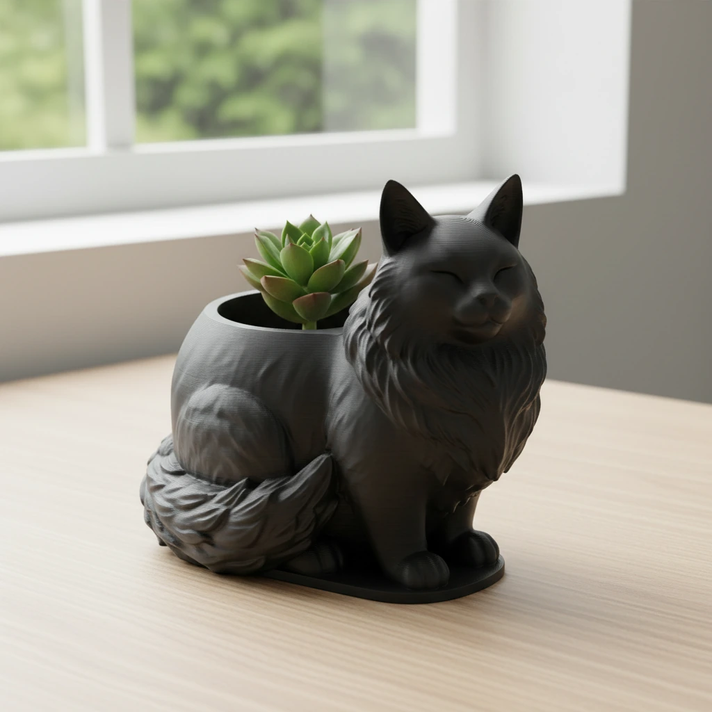 Mini ghiveci decorativ Pisica Maine Coon, suport plante - culoare Negru, produs imprimat 3D Vibecraft