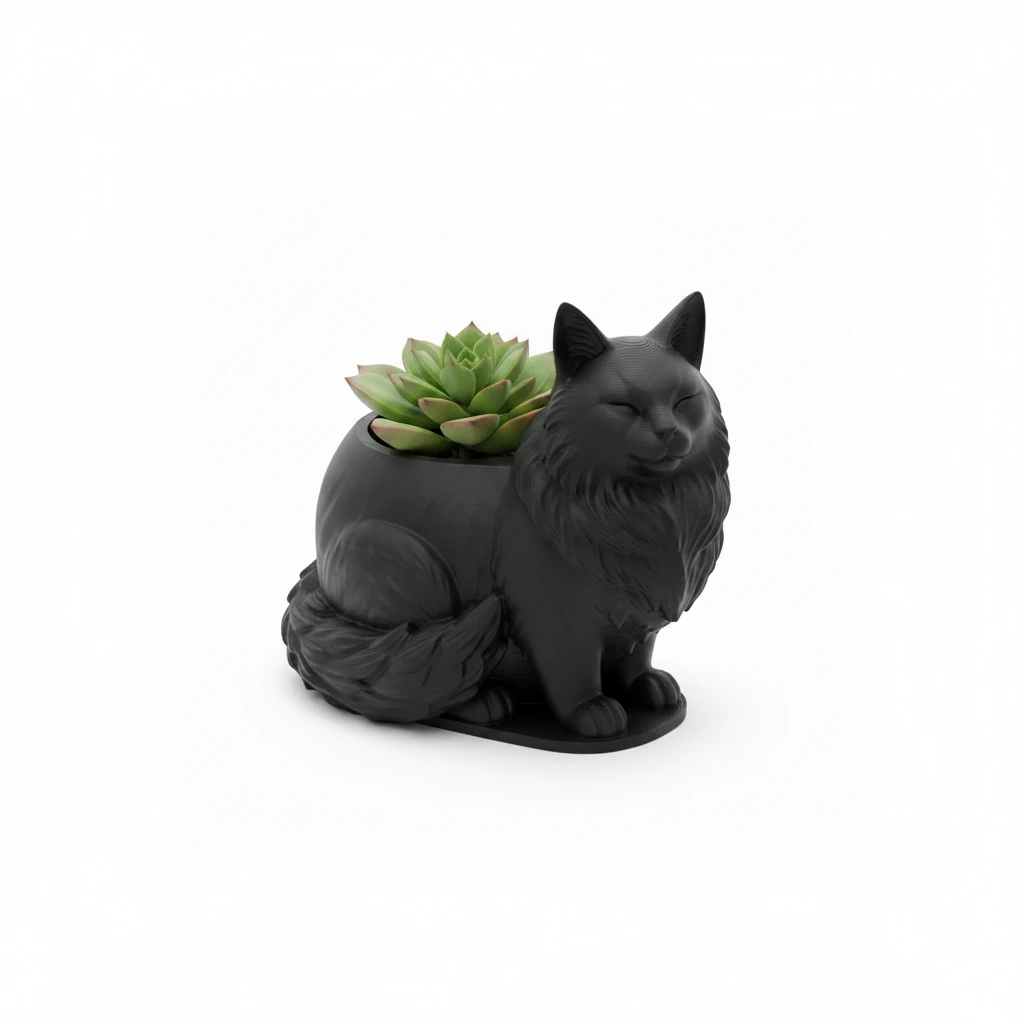 Mini ghiveci decorativ Pisica Maine Coon, suport plante - culoare Negru, produs imprimat 3D Vibecraft