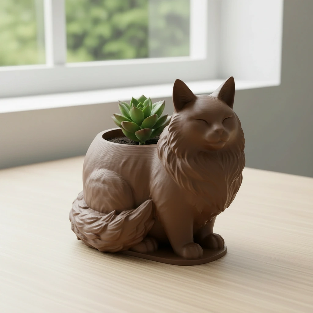 Mini ghiveci decorativ Pisica Maine Coon, suport plante - culoare Maro, imprimare 3D Vibecraft