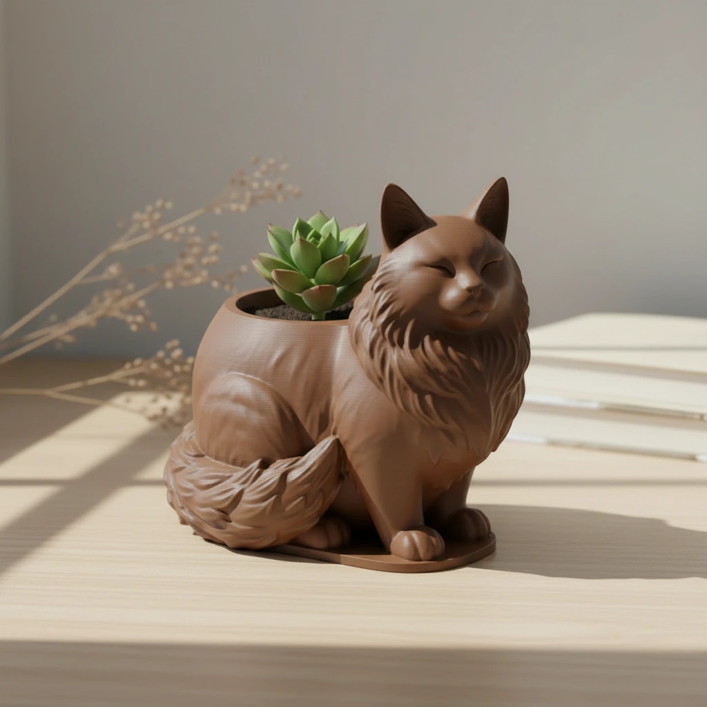 Mini ghiveci decorativ Pisica Maine Coon, suport plante - culoare Maro, imprimare 3D Vibecraft