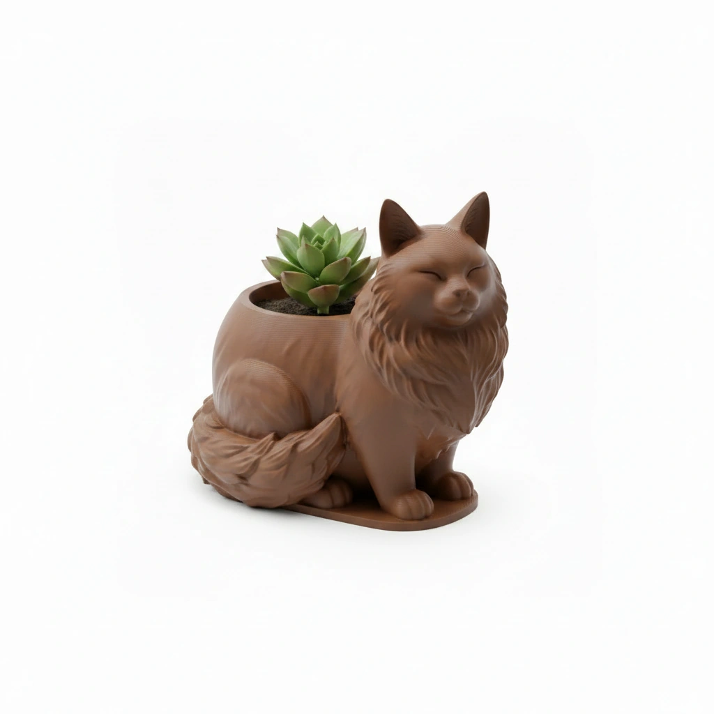 Mini ghiveci decorativ Pisica Maine Coon, suport plante - culoare Maro, imprimare 3D Vibecraft