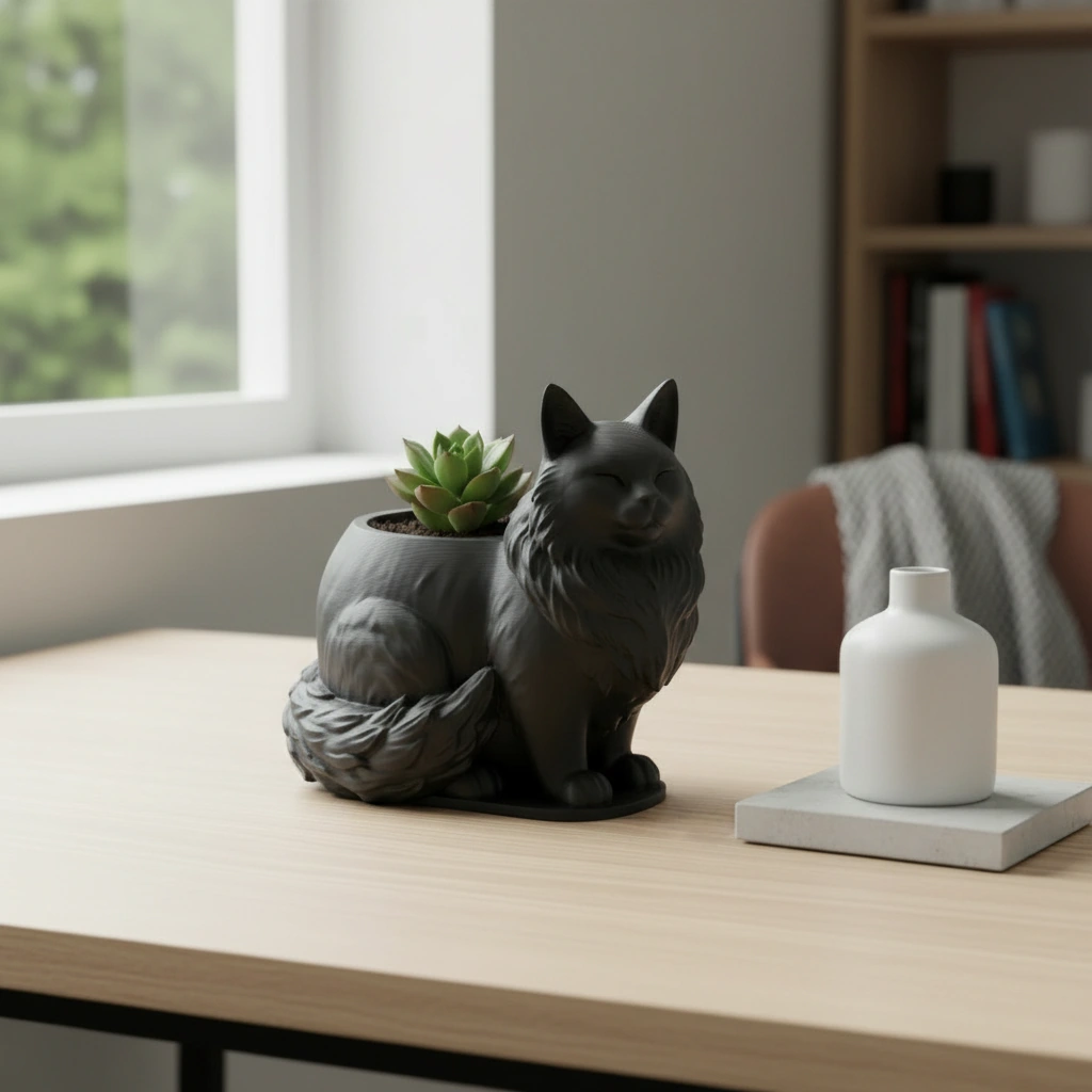 Mini ghiveci decorativ Pisica Maine Coon, suport plante - Negru compozit mat, imprimare 3D Vibecraft