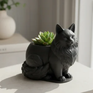 Mini ghiveci decorativ Pisica Maine Coon, suport plante - Negru compozit mat, imprimare 3D Vibecraft
