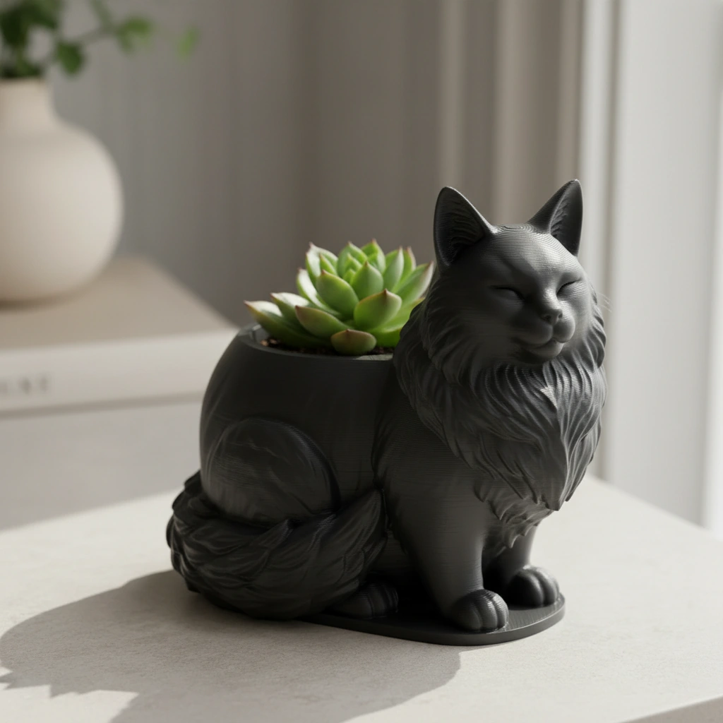 Mini ghiveci decorativ Pisica Maine Coon, suport plante - Negru compozit mat, imprimare 3D Vibecraft