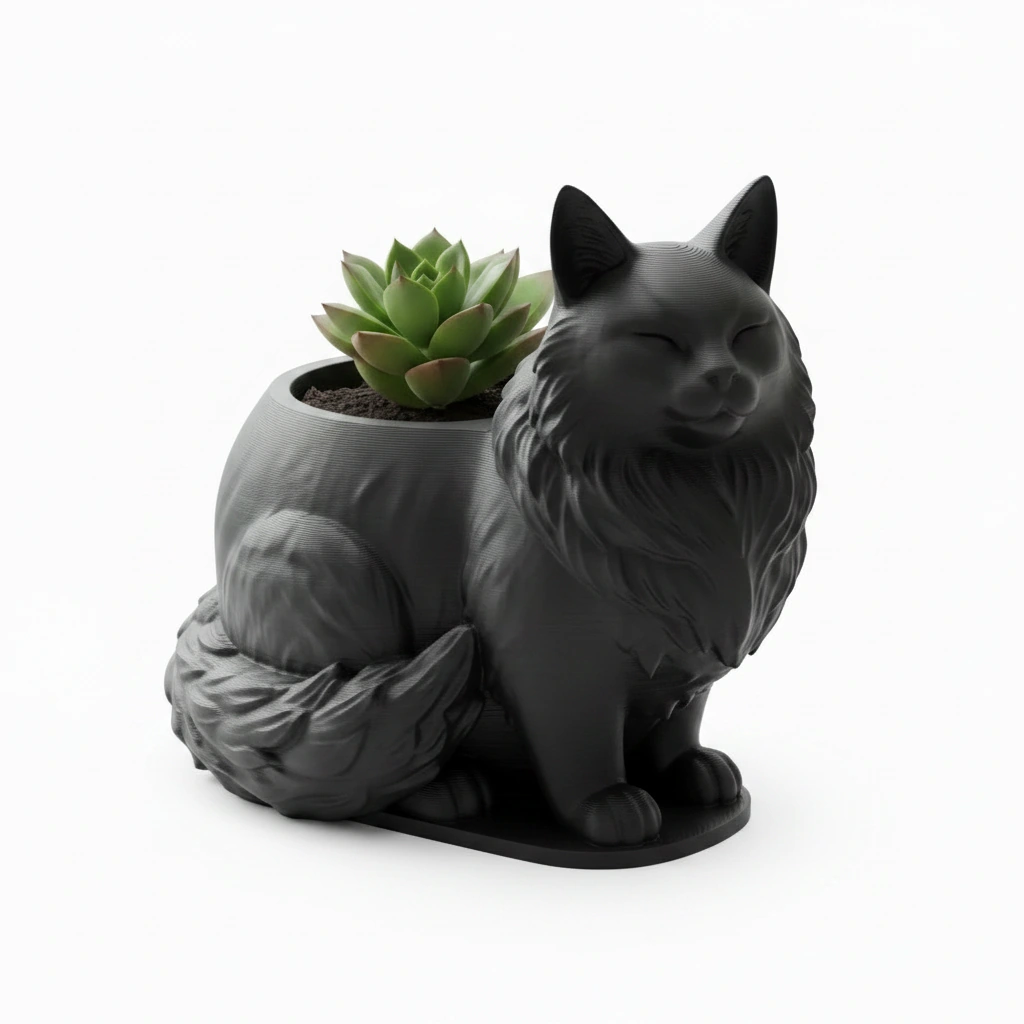 Mini ghiveci decorativ Pisica Maine Coon, suport plante - Negru compozit mat, imprimare 3D Vibecraft