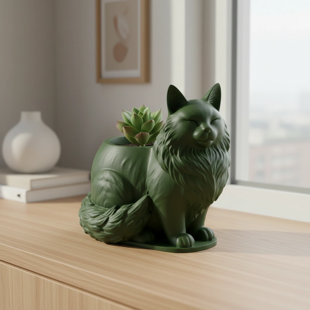 Mini ghiveci decorativ Pisica Maine Coon, suport plante - Olive green compozit mat, imprimare 3D Vibecraft