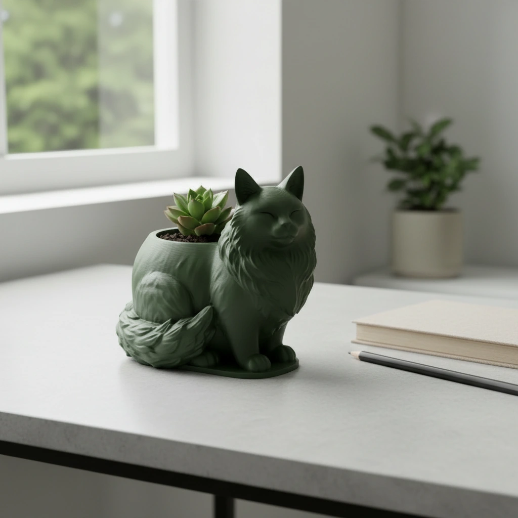 Mini ghiveci decorativ Pisica Maine Coon, suport plante - Olive green compozit mat, imprimare 3D Vibecraft