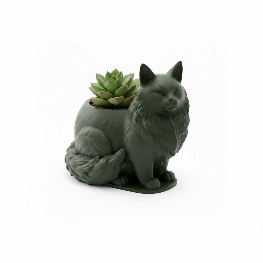 Mini ghiveci decorativ Pisica Maine Coon, suport plante - Olive green compozit mat, imprimare 3D Vibecraft