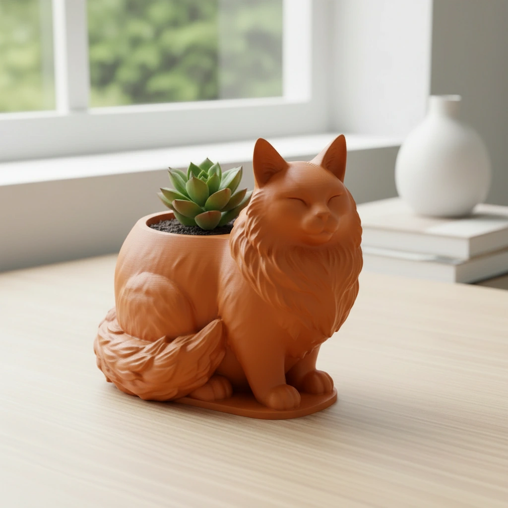 Mini ghiveci decorativ Pisica Maine Coon, suport plante - Orange compozit mat, imprimare 3D Vibecraft
