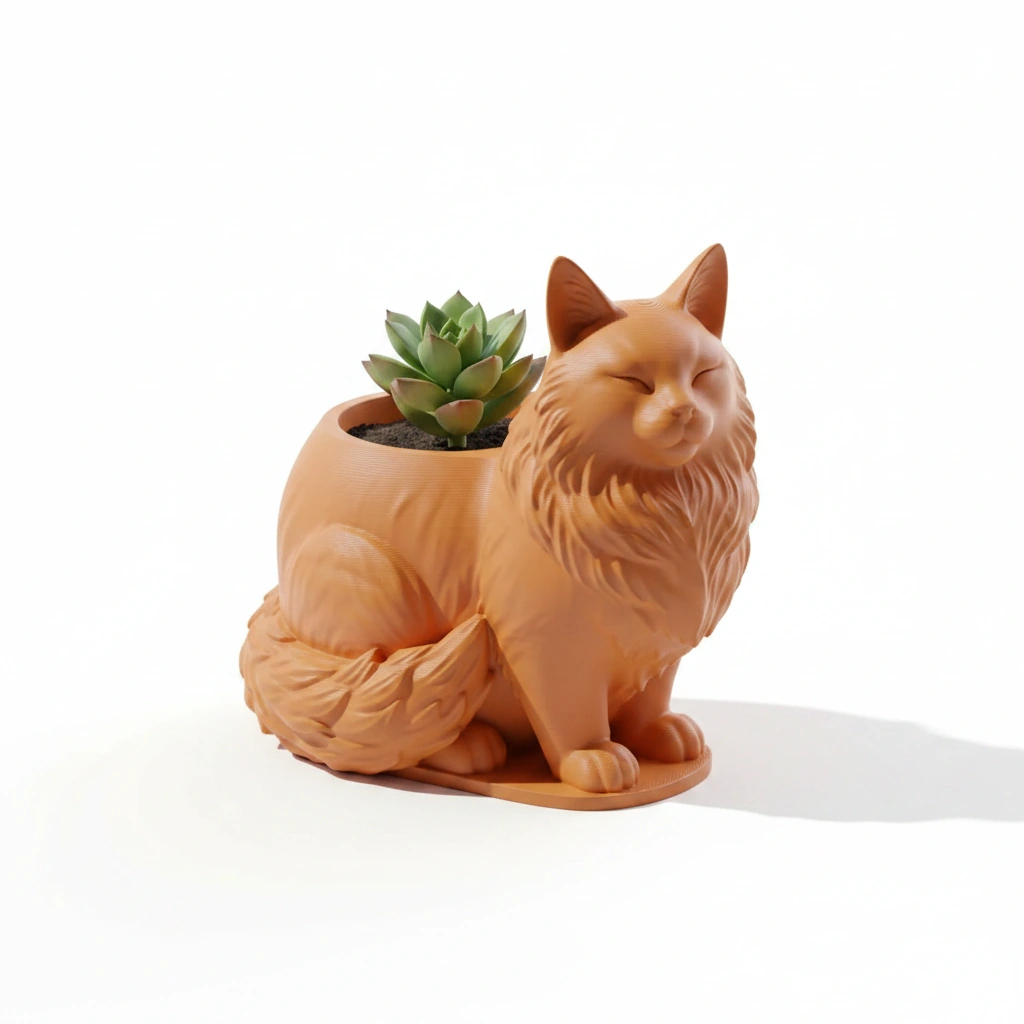 Mini ghiveci decorativ Pisica Maine Coon, suport plante - Orange compozit mat, imprimare 3D Vibecraft