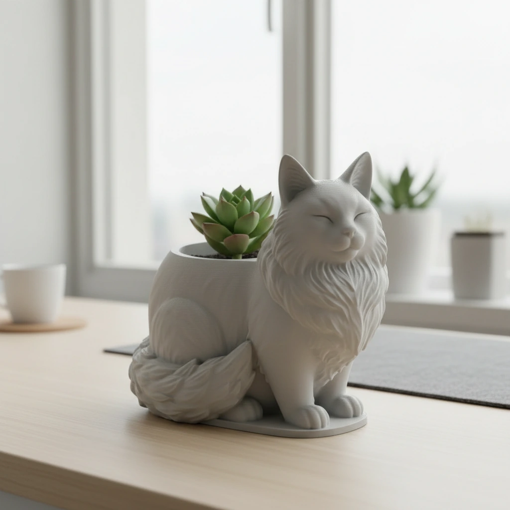 Mini ghiveci decorativ Pisica Maine Coon, suport plante - culoare Gri, imprimare 3D Vibecraft