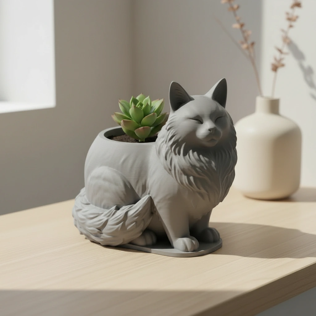 Mini ghiveci decorativ Pisica Maine Coon, suport plante - culoare Gri, imprimare 3D Vibecraft