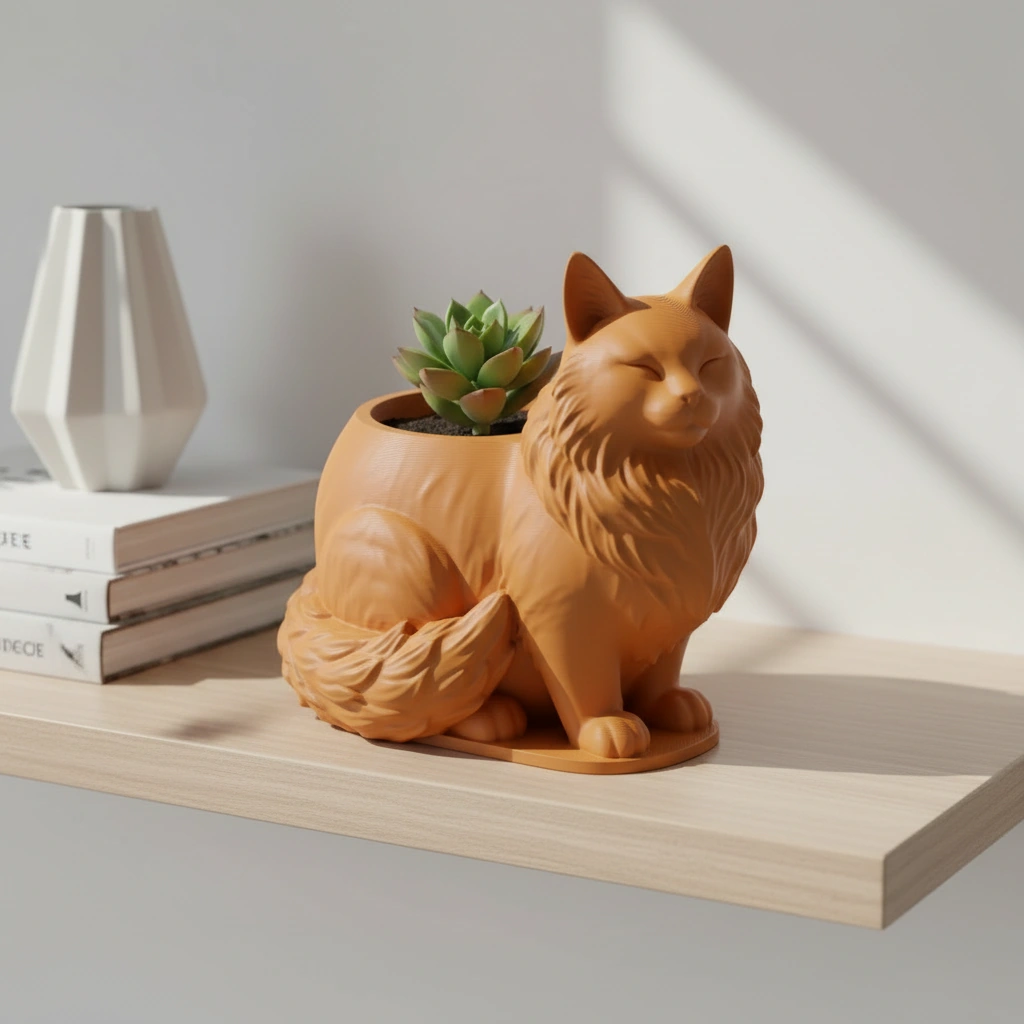 Mini ghiveci decorativ Pisica Maine Coon, suport plante - culoare Portocaliu, imprimare 3D Vibecraft