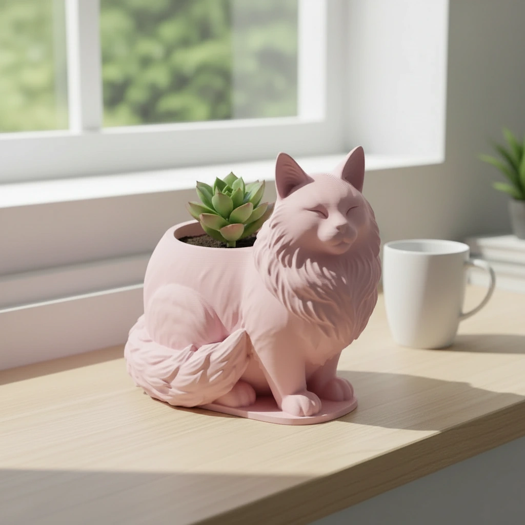 Mini ghiveci decorativ Pisica Maine Coon, suport plante - culoare Roz, imprimare 3D Vibecraft