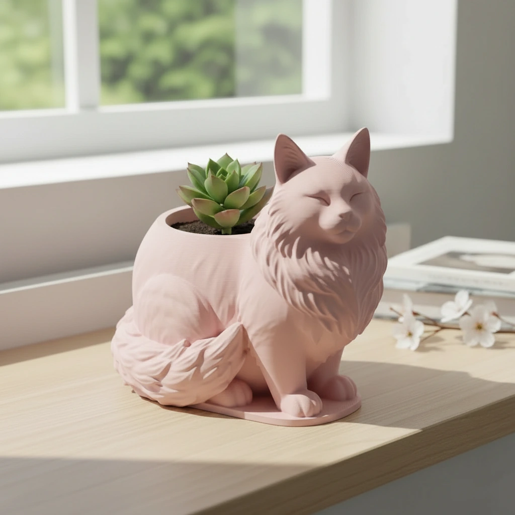 Mini ghiveci decorativ Pisica Maine Coon, suport plante - culoare Roz, imprimare 3D Vibecraft