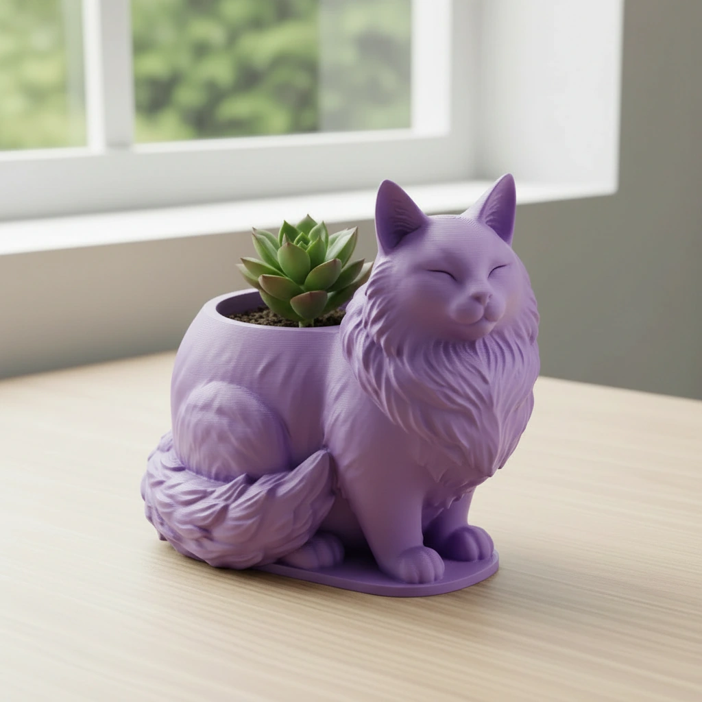 Mini ghiveci decorativ Pisica Maine Coon, suport plante - culoare Mov, imprimare 3D Vibecraft