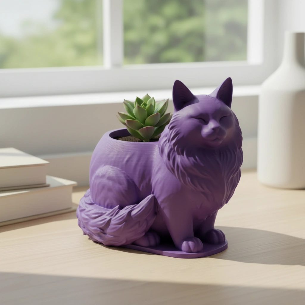 Mini ghiveci decorativ Pisica Maine Coon, suport plante - culoare Mov, imprimare 3D Vibecraft