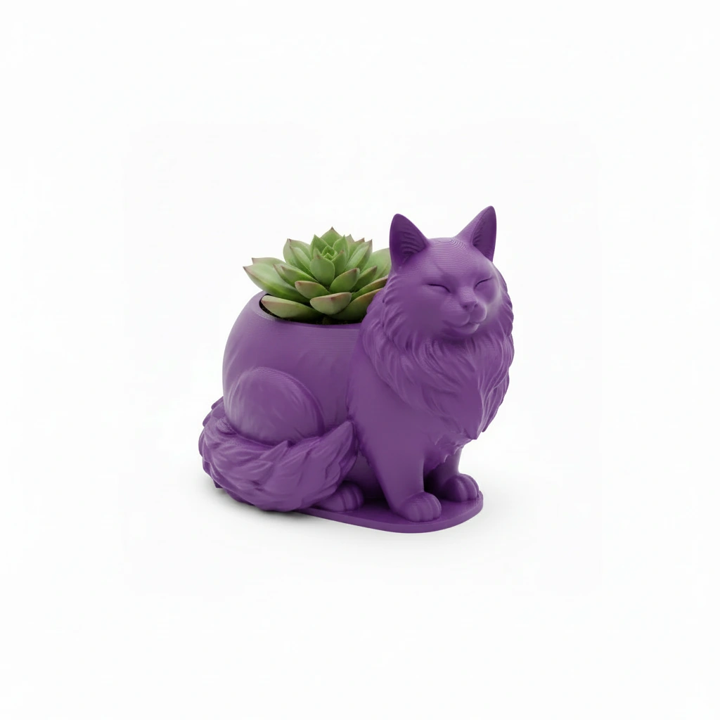 Mini ghiveci decorativ Pisica Maine Coon, suport plante - culoare Mov, imprimare 3D Vibecraft