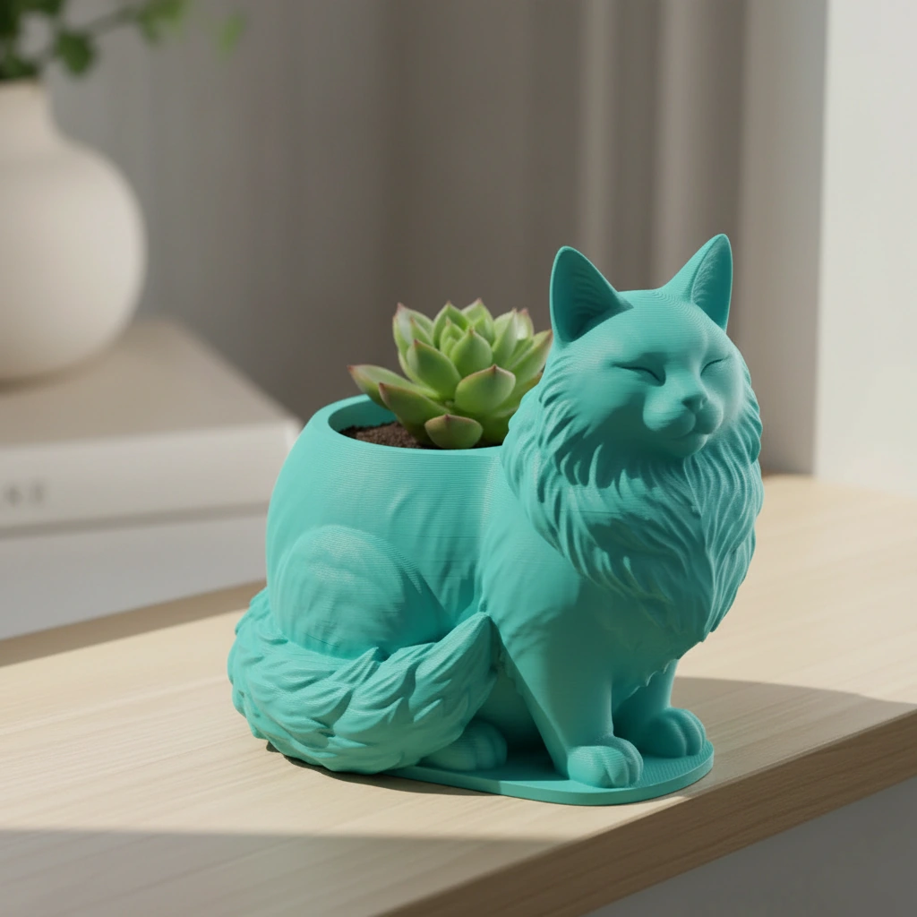 Mini ghiveci decorativ Pisica Maine Coon, suport plante - culoare Albastru verzui, imprimare 3D Vibecraft
