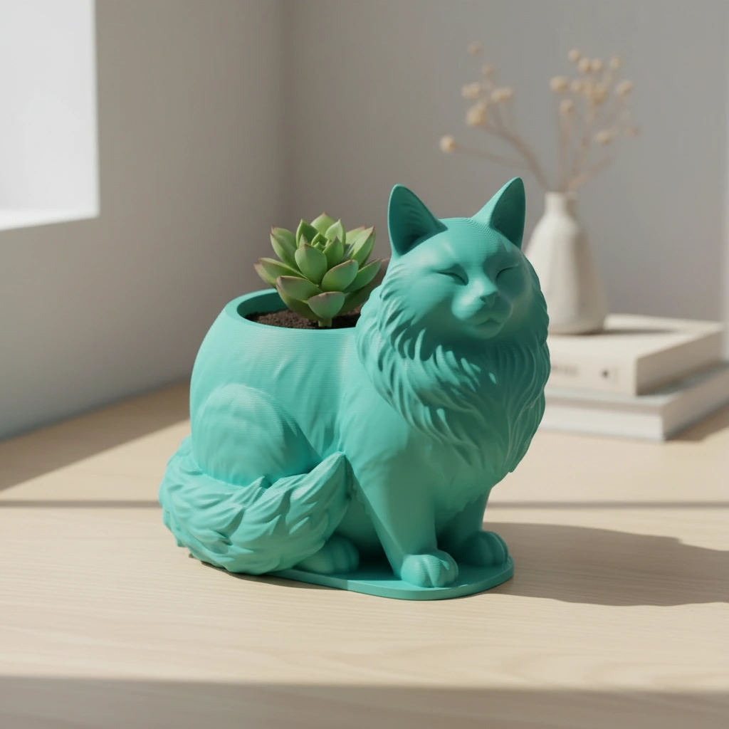Mini ghiveci decorativ Pisica Maine Coon, suport plante - culoare Albastru verzui, imprimare 3D Vibecraft