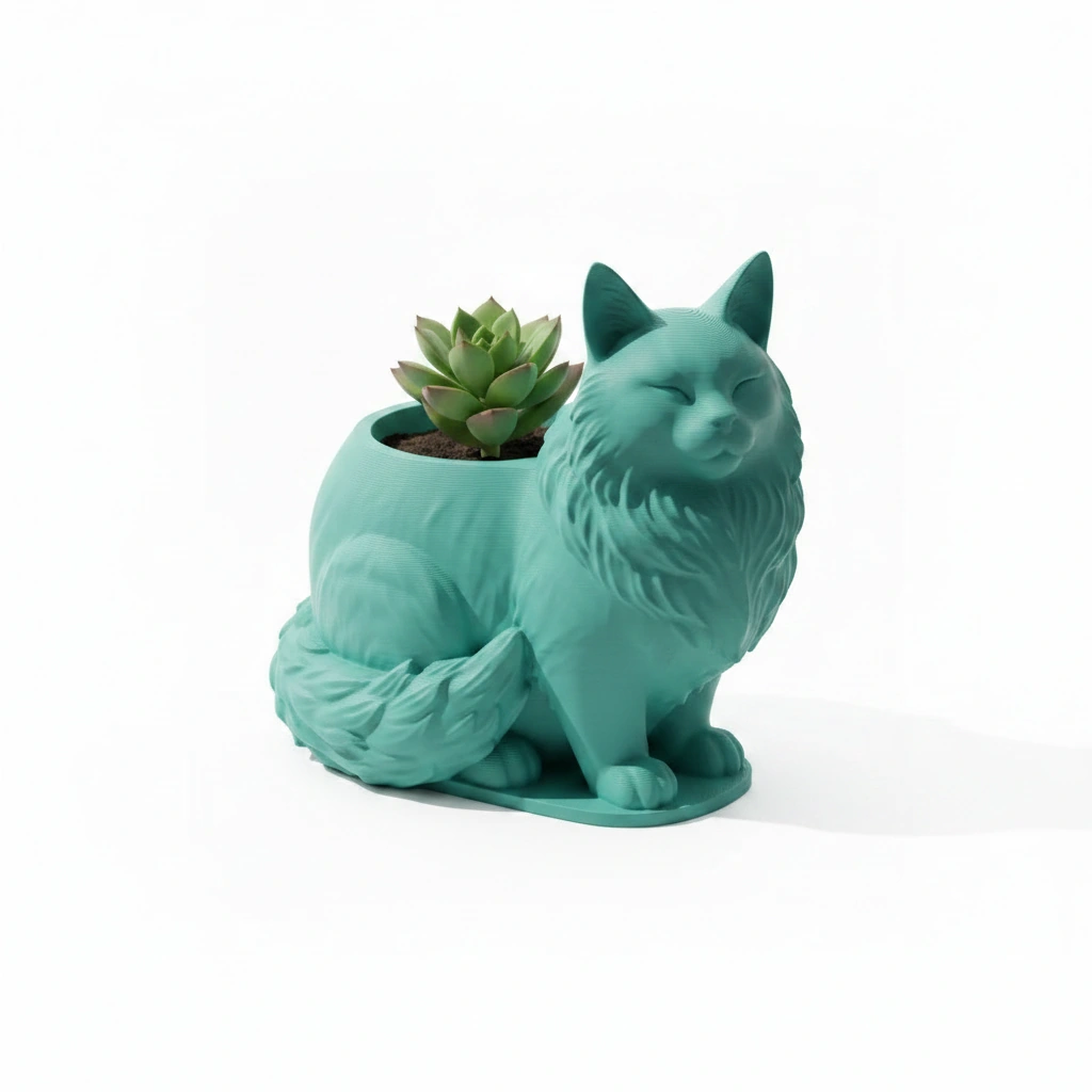 Mini ghiveci decorativ Pisica Maine Coon, suport plante - culoare Albastru verzui, imprimare 3D Vibecraft