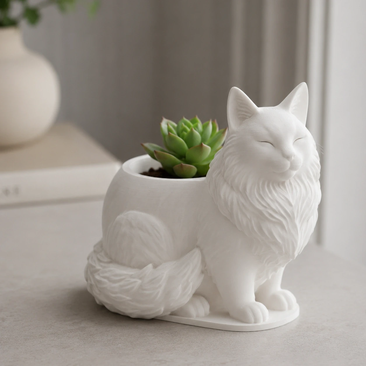 Mini ghiveci decorativ Pisica Maine Coon, suport plante - culoare Alb, produs imprimat 3D Vibecraft