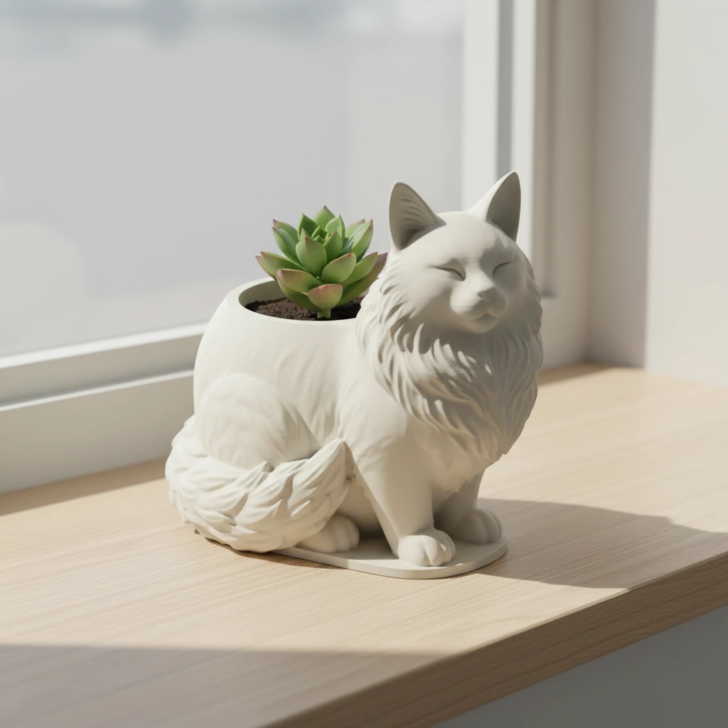 Mini ghiveci decorativ Pisica Maine Coon, suport plante - culoare Alb, produs imprimat 3D Vibecraft