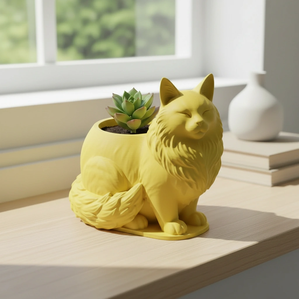 Mini ghiveci decorativ Pisica Maine Coon, suport plante - culoare Galben, imprimare 3D Vibecraft