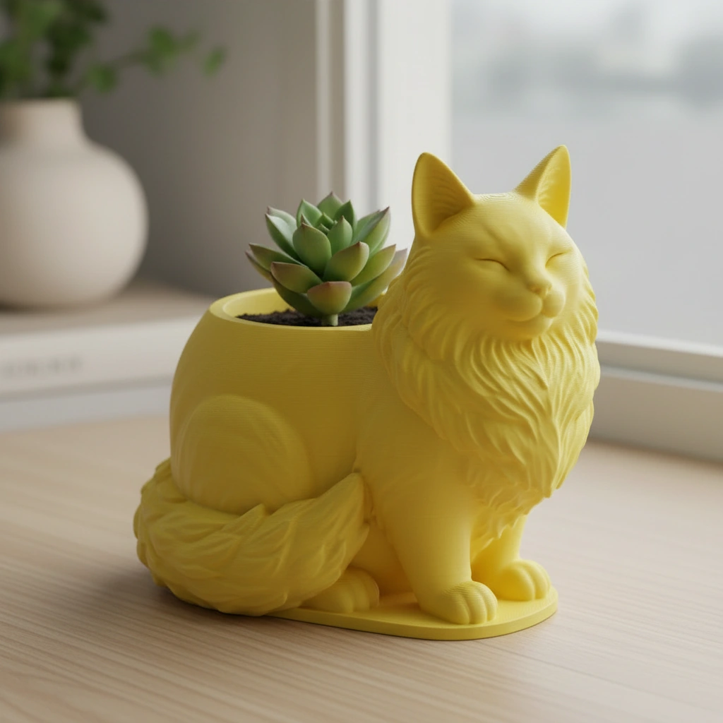 Mini ghiveci decorativ Pisica Maine Coon, suport plante - culoare Galben, imprimare 3D Vibecraft