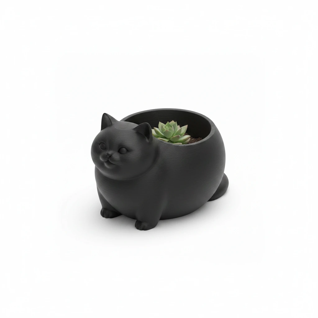 Mini Ghiveci Decorativ Animalut Imprimat 3D Pisica British Shorthair pentru Plante Mici - culoare Negru, produs imprimat 3D Vibecraft