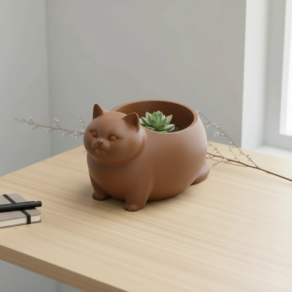 Mini Ghiveci Decorativ Animalut Imprimat 3D Pisica British Shorthair pentru Plante Mici - culoare Maro, imprimare 3D Vibecraft