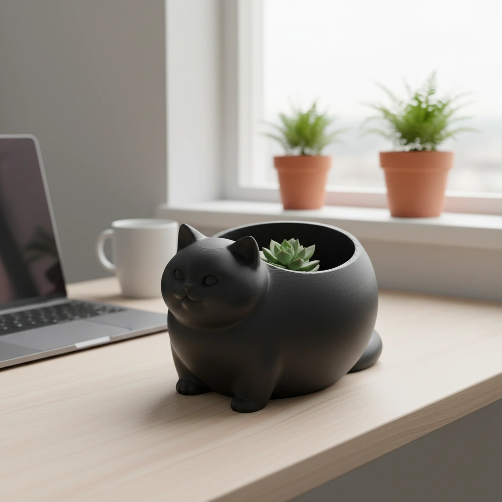 Mini Ghiveci Decorativ Animalut Imprimat 3D Pisica British Shorthair pentru Plante Mici - Negru compozit mat, imprimare 3D Vibecraft