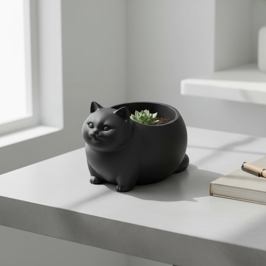 Mini Ghiveci Decorativ Animalut Imprimat 3D Pisica British Shorthair pentru Plante Mici - Negru compozit mat, imprimare 3D Vibecraft