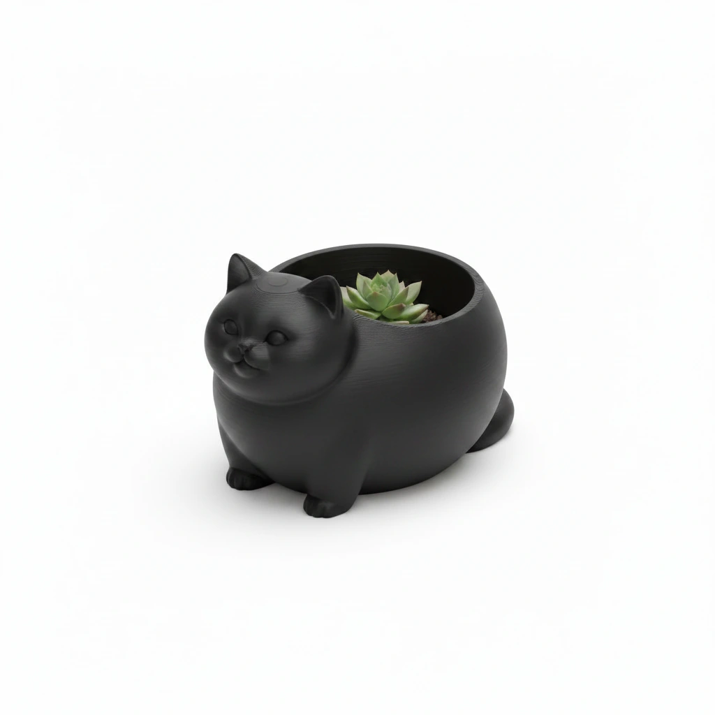 Mini Ghiveci Decorativ Animalut Imprimat 3D Pisica British Shorthair pentru Plante Mici - Negru compozit mat, imprimare 3D Vibecraft