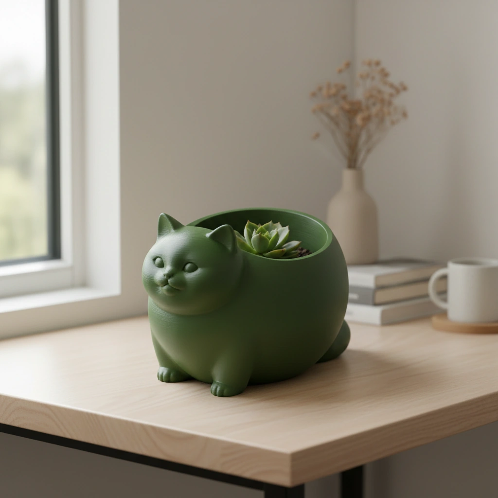 Mini Ghiveci Decorativ Animalut Imprimat 3D Pisica British Shorthair pentru Plante Mici - Olive green compozit mat, imprimare 3D Vibecraft