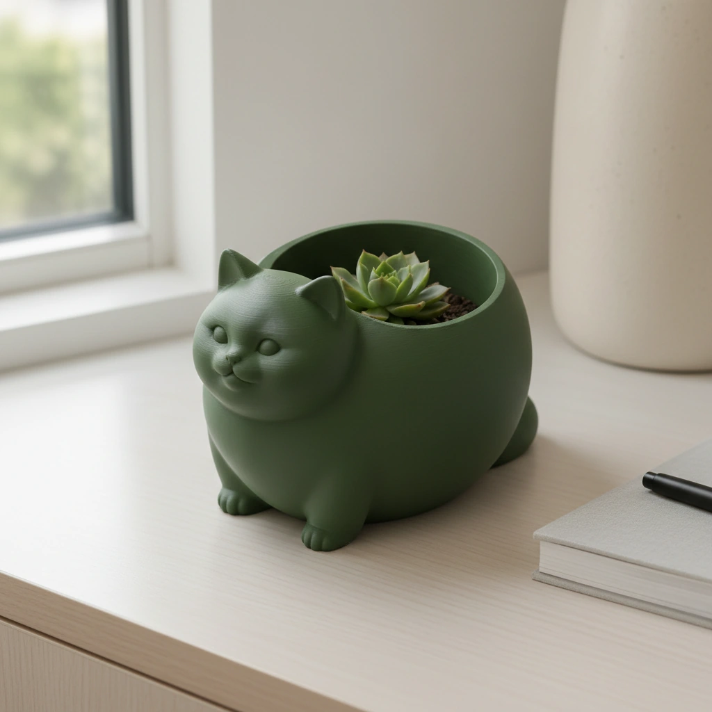 Mini Ghiveci Decorativ Animalut Imprimat 3D Pisica British Shorthair pentru Plante Mici - Olive green compozit mat, imprimare 3D Vibecraft
