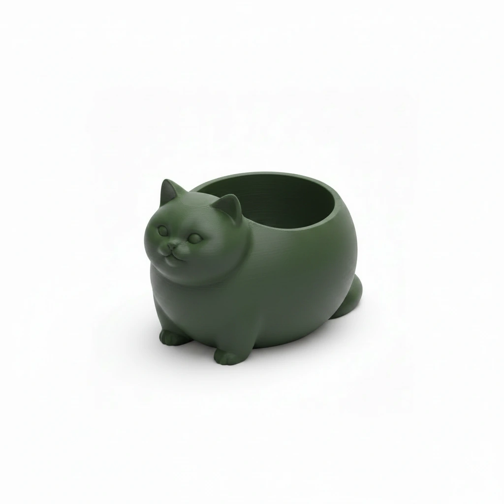 Mini Ghiveci Decorativ Animalut Imprimat 3D Pisica British Shorthair pentru Plante Mici - Olive green compozit mat, imprimare 3D Vibecraft