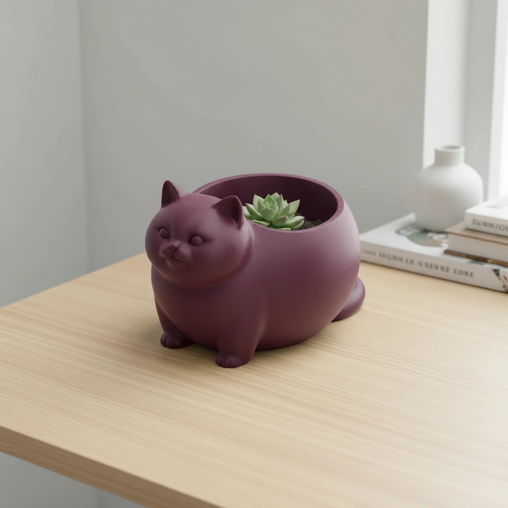 Mini Ghiveci Decorativ Animalut Imprimat 3D Pisica British Shorthair pentru Plante Mici - Purple red compozit mat, imprimare 3D Vibecraft