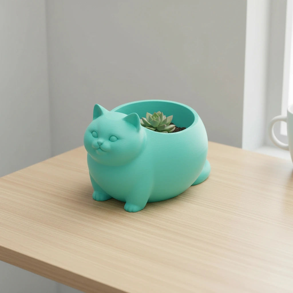 Mini Ghiveci Decorativ Animalut Imprimat 3D Pisica British Shorthair pentru Plante Mici - culoare Albastru verzui, imprimare 3D Vibecraft