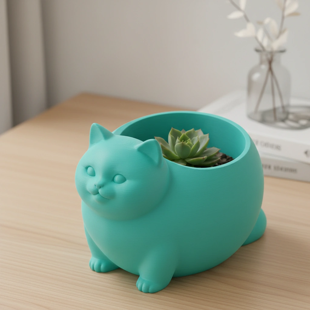 Mini Ghiveci Decorativ Animalut Imprimat 3D Pisica British Shorthair pentru Plante Mici - culoare Albastru verzui, imprimare 3D Vibecraft