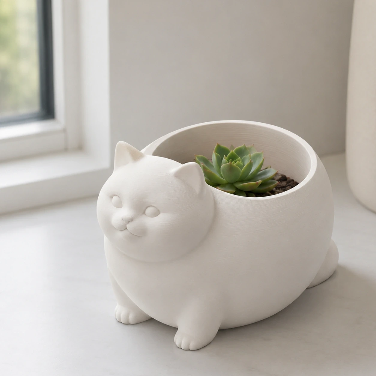 Mini Ghiveci Decorativ Animalut Imprimat 3D Pisica British Shorthair pentru Plante Mici - culoare Alb, produs imprimat 3D Vibecraft