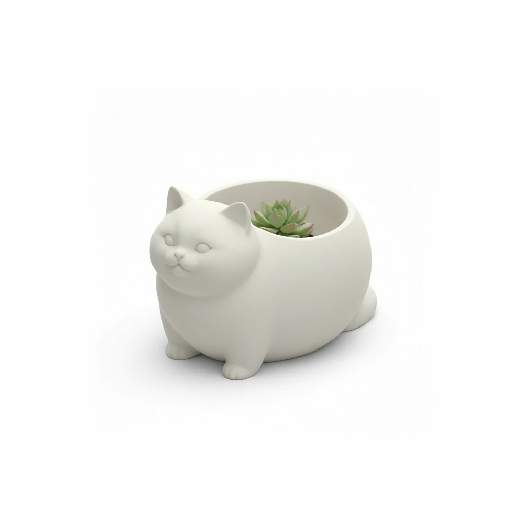 Mini Ghiveci Decorativ Animalut Imprimat 3D Pisica British Shorthair pentru Plante Mici - culoare Alb, produs imprimat 3D Vibecraft