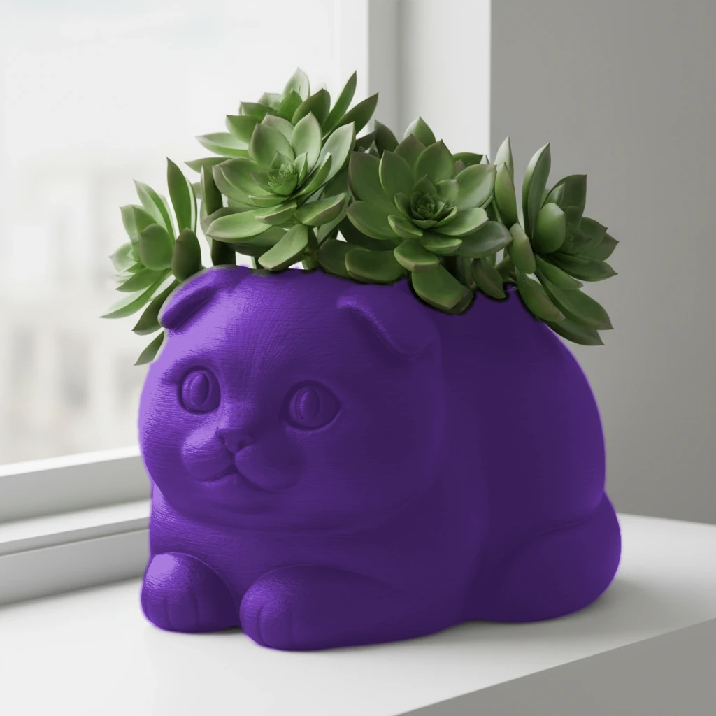 Mini Ghiveci Decorativ Pisica Scottish Fold pentru Plante Mici - culoare Mov, imprimare 3D Vibecraft