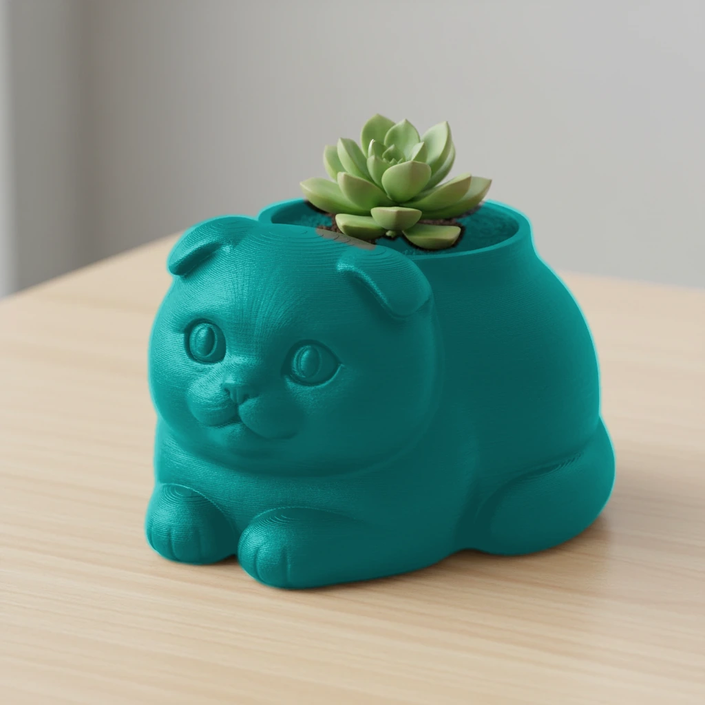 Mini Ghiveci Decorativ Pisica Scottish Fold pentru Plante Mici - culoare Albastru verzui, imprimare 3D Vibecraft